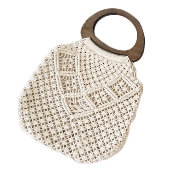 Cotton crochet tote bag with large wood handle - Picture 4 of 5